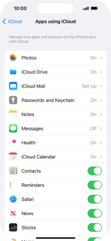Press the indicators next to the required data types to turn synchronisation of each data type on or off. Press the indicators next to the required data types to turn synchronisation of each data type on or off.