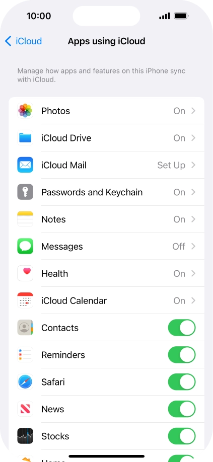 Press the indicators next to the required data types to turn synchronisation of each data type on or off. Press the indicators next to the required data types to turn synchronisation of each data type on or off.