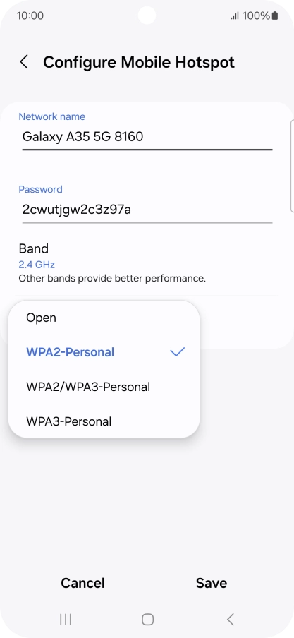 Press WPA3-Personal to password protect your Wi-Fi hotspot. Press WPA3-Personal to password protect your Wi-Fi hotspot.