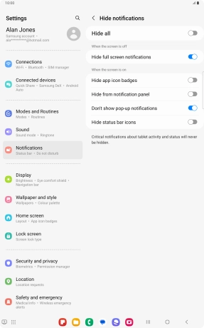 Press the indicators next to the required settings to turn display of the selected notification types on or off. Press the indicators next to the required settings to turn display of the selected notification types on or off.