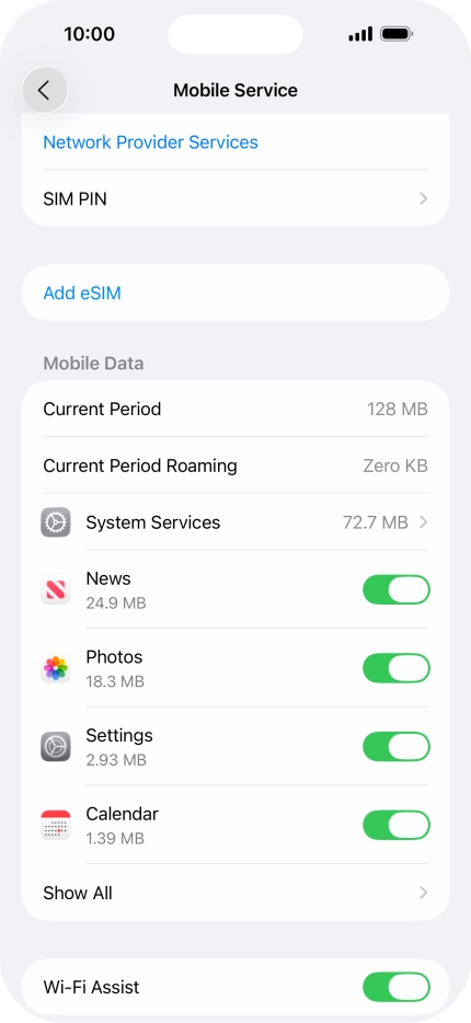 Press the indicators next to the required applications to turn the function on or off.
