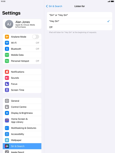 Press the required setting to turn the function on or off. If you turn on the function, you need to follow the instructions on the screen to set up Siri to recognise your voice.