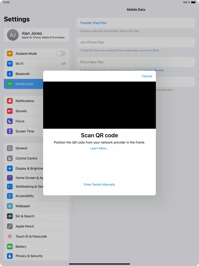Place the QR code you've received inside the tablet camera frame to scan the code. If you’ve deleted your eSIM, you can re-add it using your existing QR code. If you’re having problems, see our FAQ.