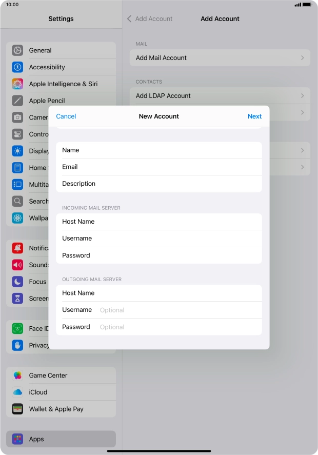 Press Username and key in the username for your email account.