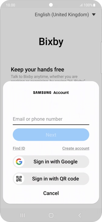 If you don't have a Samsung account, press Create account and follow the instructions on the screen to create an account. If you don't have a Samsung account, press Create account and follow the instructions on the screen to create an account.