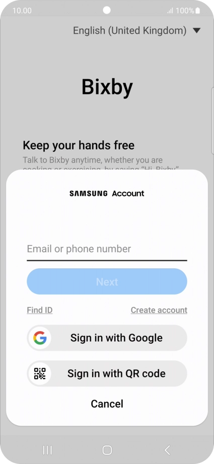 If you don't have a Samsung account, press Create account and follow the instructions on the screen to create an account. If you don't have a Samsung account, press Create account and follow the instructions on the screen to create an account.