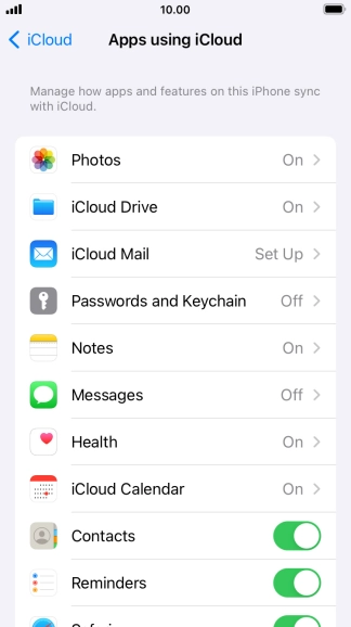Press the indicators next to the required data types to turn synchronisation of each data type on or off. Press the indicators next to the required data types to turn synchronisation of each data type on or off.