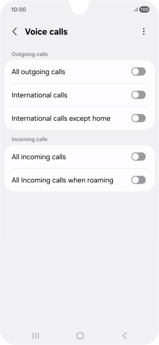 Press the indicator next to the required barring type to turn the function on or off.