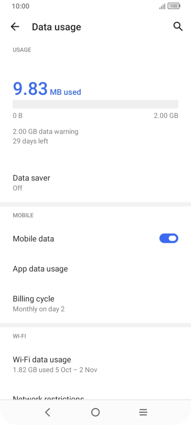 The total data usage is displayed. The total data usage is displayed.