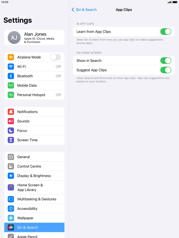 Press the indicators next to the required settings to turn them on or off.