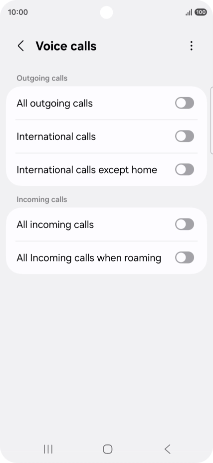 Press the indicator next to the required barring type to turn the function on or off. Press the indicator next to the required barring type to turn the function on or off.