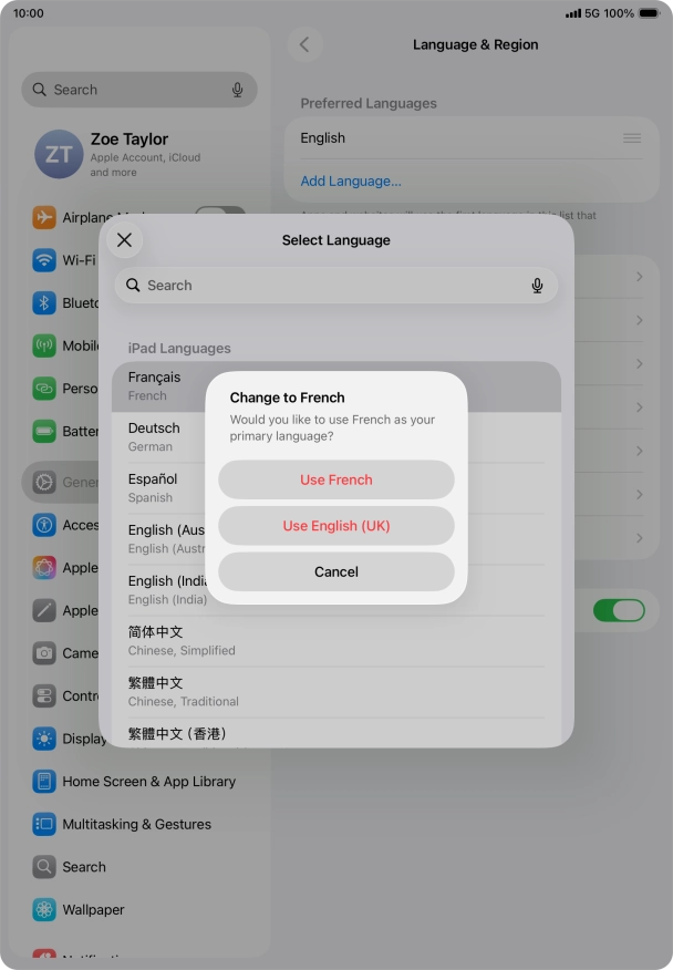 To select the new language as the default tablet language, press Use ‹language›.