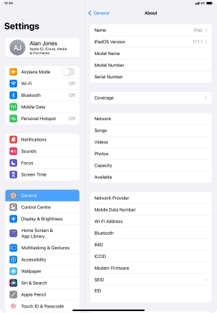 Your tablet's software version is displayed next to iPadOS Version. Your tablet's software version is displayed next to iPadOS Version.