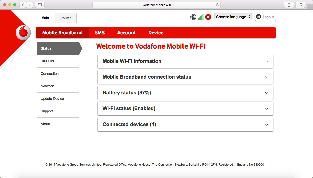 In Mobile Broadband you can see general information about your router such as battery level and Wi-Fi connection status and also turn use of PIN on or off and change your PIN.