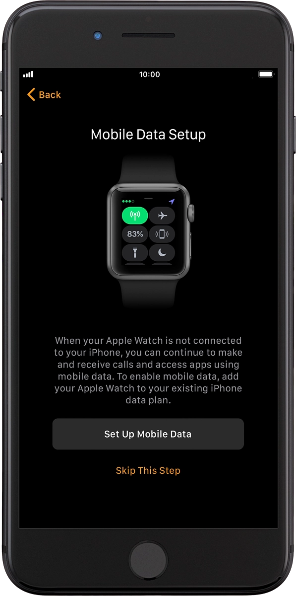 On your phone: If you've bought your Apple Watch elsewhere than from Vodafone, follow the instructions on the screen to set up mobile data on your Apple Watch or press .Skip This Step.