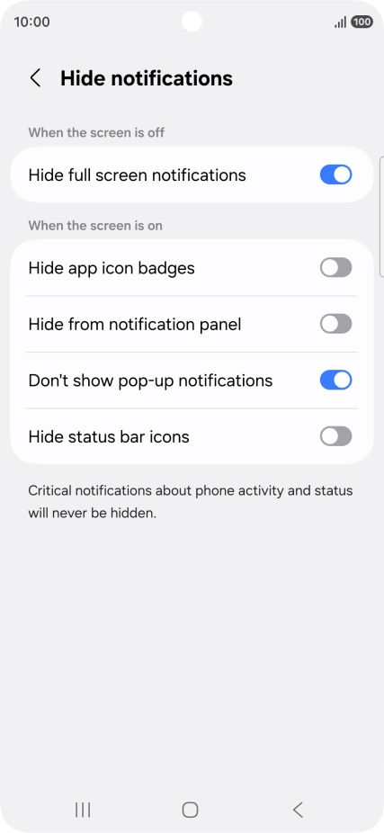 Press the indicators next to the required settings to turn display of the selected notification types on or off. Press the indicators next to the required settings to turn display of the selected notification types on or off.