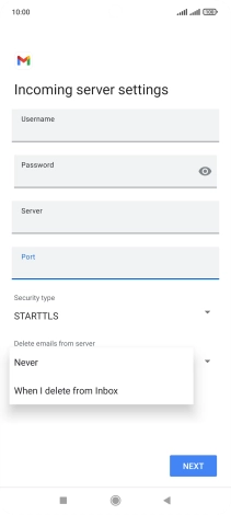Press Never to keep email messages on the server when you delete them on your phone.