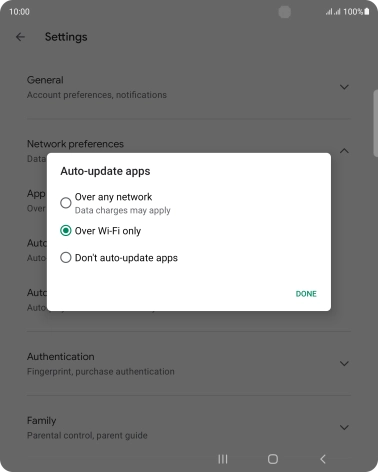 To turn on automatic update of apps using mobile network, press Over any network.