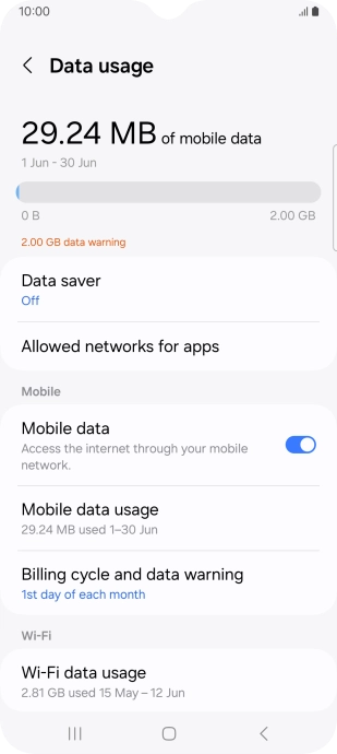 The total data usage is displayed. The total data usage is displayed.