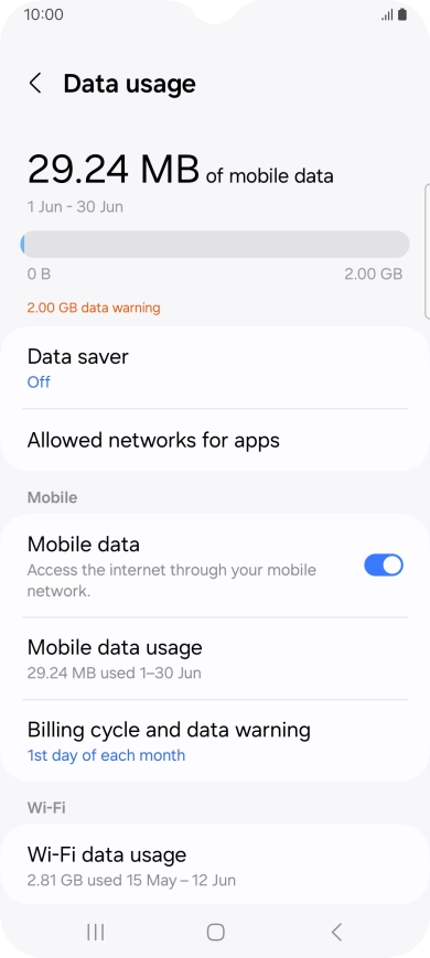The total data usage is displayed. The total data usage is displayed.
