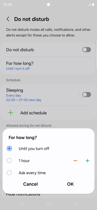 Press the required setting.