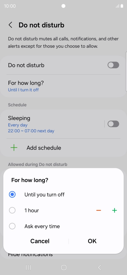 Press the required setting.