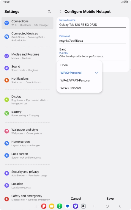 Press WPA3-Personal to password protect your Wi-Fi hotspot.