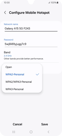 Press WPA3-Personal to password protect your Wi-Fi hotspot. Press WPA3-Personal to password protect your Wi-Fi hotspot.