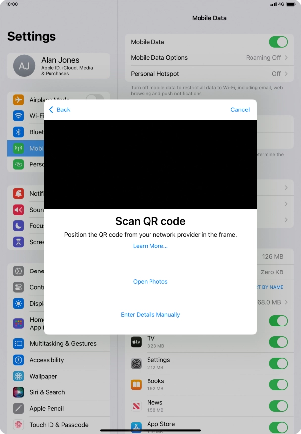 Place the QR code you've received inside the tablet camera frame to scan the code. If you’ve deleted your eSIM, you can re-add it using your existing QR code. If you’re having problems, see our FAQ. Place the QR code you've received inside the tablet camera frame to scan the code. If you’ve deleted your eSIM, you can re-add it using your existing QR code. If you’re having problems, see our FAQ.