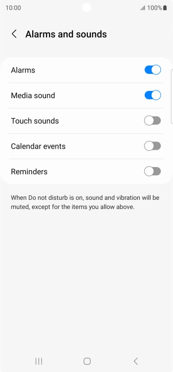 Press the required settings to turn sound and vibration for the selected functions on or off. Press the required settings to turn sound and vibration for the selected functions on or off.