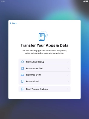 When this screen is displayed, your tablet is ready to restore content from an iCloud backup.