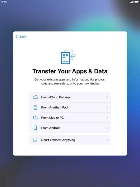 When this screen is displayed, your tablet is ready to restore content from an iCloud backup.