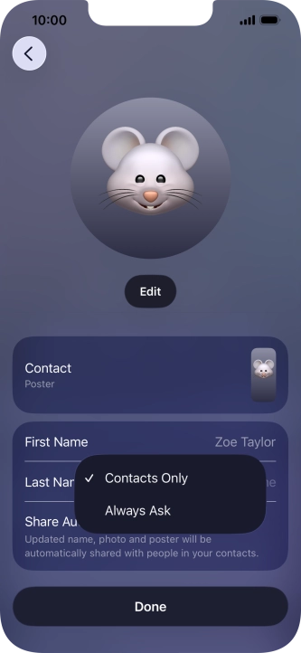 Press the required setting.