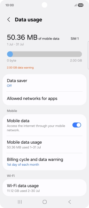 The total data usage is displayed. The total data usage is displayed.