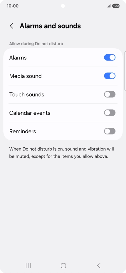 Press the required settings to turn sound and vibration for the selected functions on or off. Press the required settings to turn sound and vibration for the selected functions on or off.