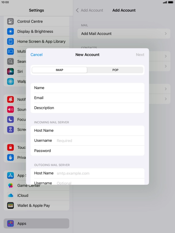 Press Username and key in the username for your email account.