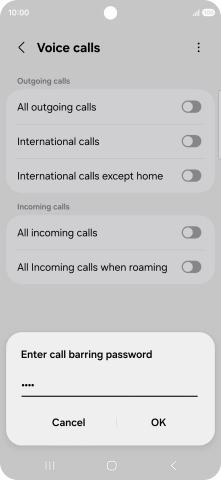 Key in your barring password and press OK. The default barring password is 1919. Key in your barring password and press OK. The default barring password is 1919.