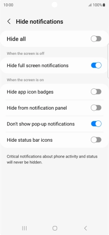 Press the indicators next to the required settings to turn display of the selected notification types on or off. Press the indicators next to the required settings to turn display of the selected notification types on or off.