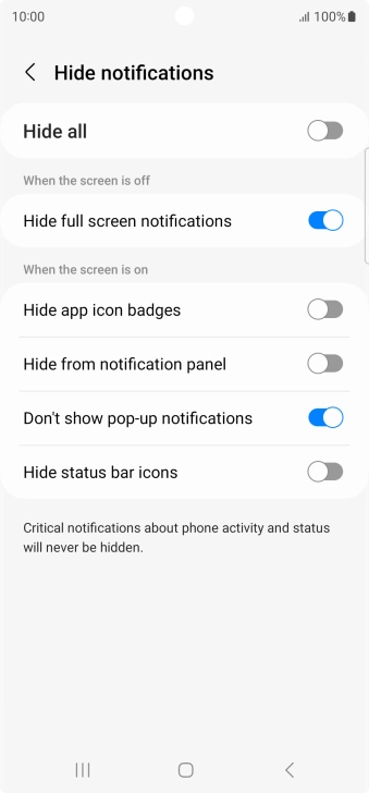 Press the indicators next to the required settings to turn display of the selected notification types on or off. Press the indicators next to the required settings to turn display of the selected notification types on or off.