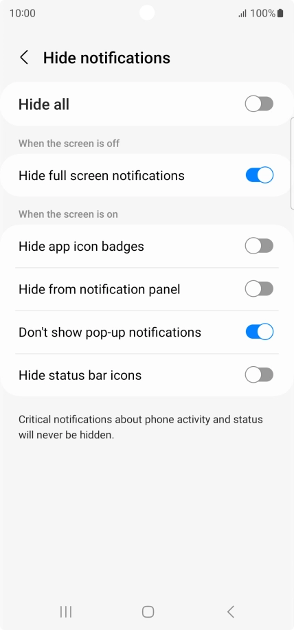 Press the indicators next to the required settings to turn display of the selected notification types on or off. Press the indicators next to the required settings to turn display of the selected notification types on or off.