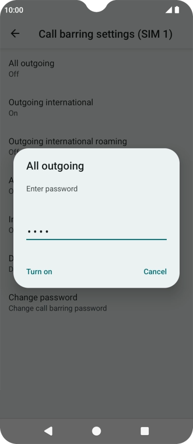 Key in your barring password and press Turn on. The default barring password is 1919.