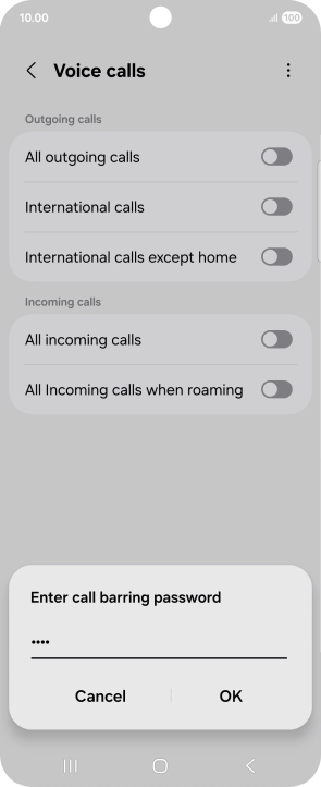Key in your barring password and press OK. The default barring password is 1919. Key in your barring password and press OK. The default barring password is 1919.