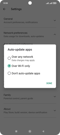 To turn on automatic update of apps using mobile network, press Over any network. To turn on automatic update of apps using mobile network, press Over any network.