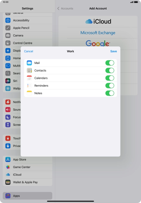 Press the indicators next to the required data types to turn synchronisation of each data type on or off.