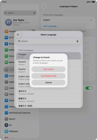 To select the new language as the default tablet language, press Use ‹language›.