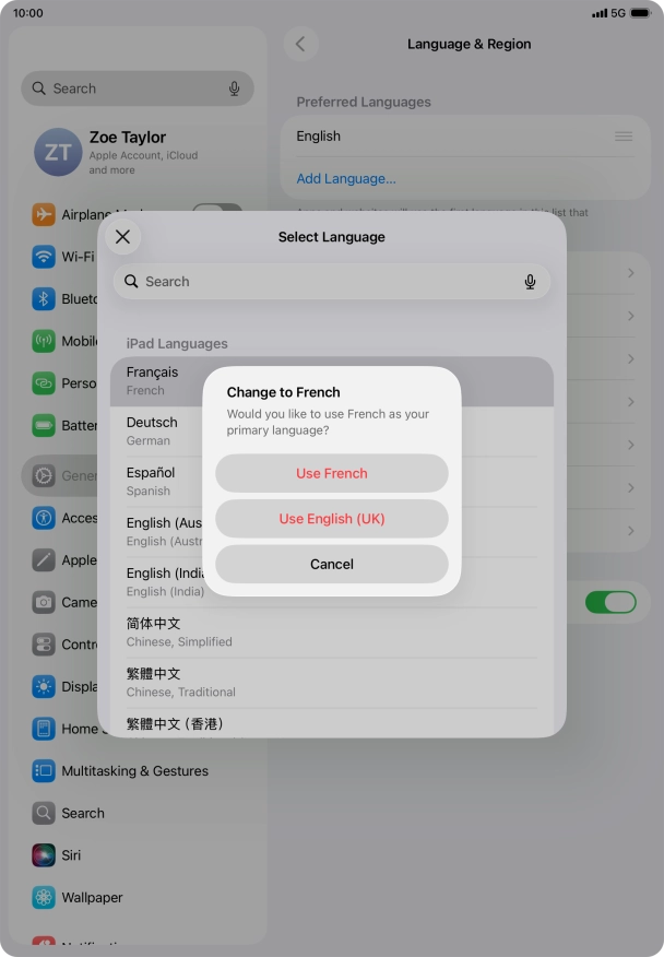 To select the new language as the default tablet language, press Use ‹language›.