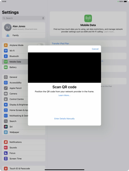 Place the QR code you've received inside the tablet camera frame to scan the code. If you’ve deleted your eSIM, you can re-add it using your existing QR code. If you’re having problems, see our FAQ.