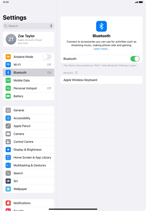Press the required Bluetooth device and follow the instructions on the screen to pair the device with your tablet.