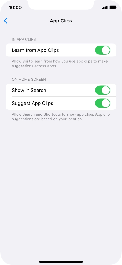 Press the indicators next to the required settings to turn them on or off.