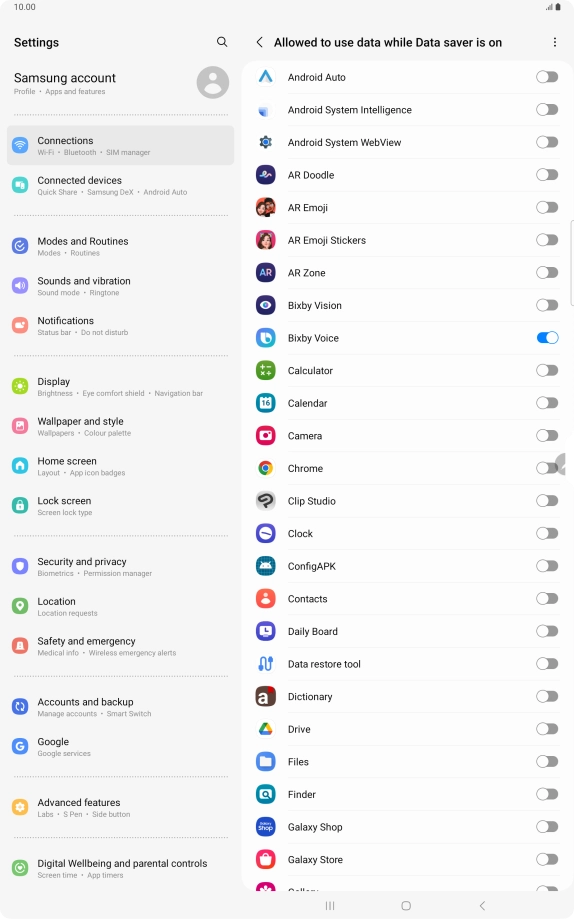 Press the indicators next to the required apps to turn the function on or off.